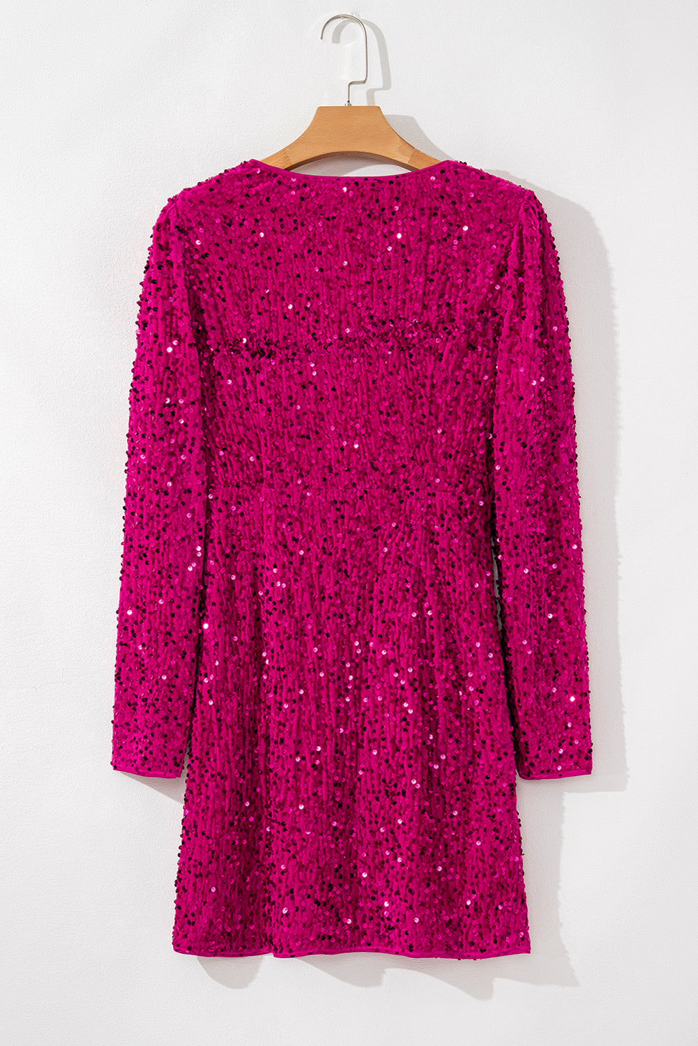 Velvet Sequin Long Sleeve V Neck Wrapped Mini Dress | Pitaya Pink