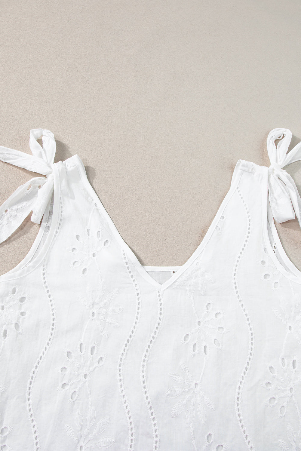 Embroidery Patterned Knotted Straps V Neck Tank Top | White