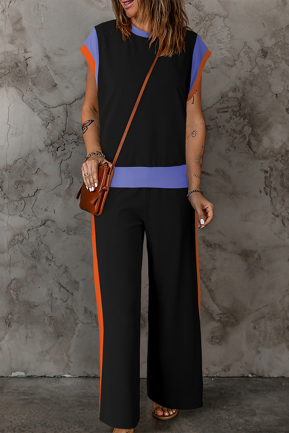 Colour Block Detail Casual Two-Piece Outfit | Black