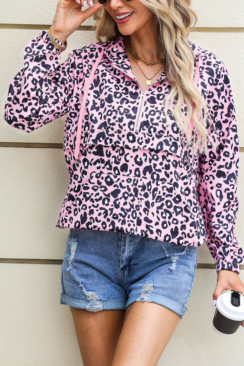 Print Zipper Kangaroo Pocket Pullover Hoodie | Leopard