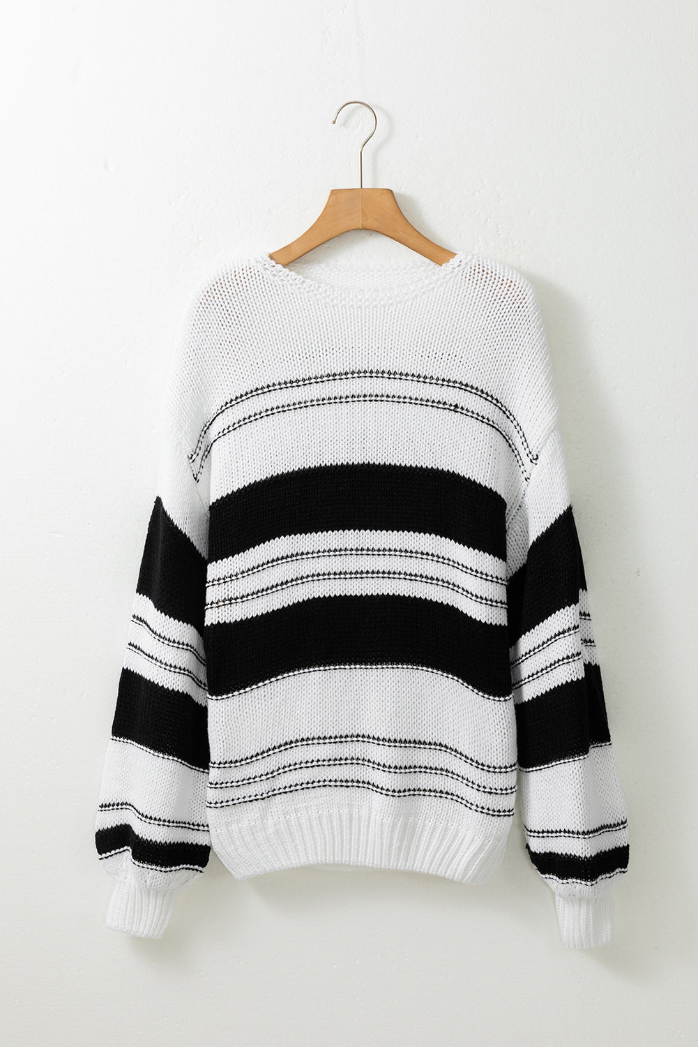 Striped Knit Puff Sleeve Casual Sweater | Black Stripe