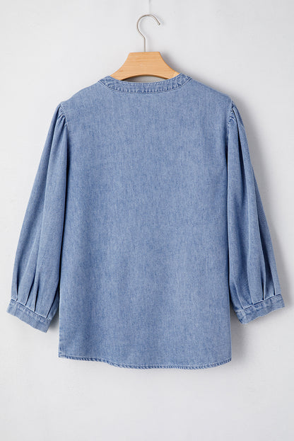 Denim Front Pintuck Bow Tie Puff Sleeve Top | Myosotis