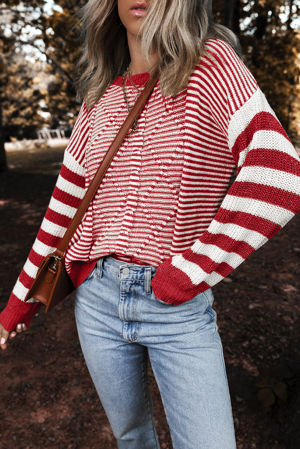 Geometric Textured Drop Shoulder Sweater | Red Stripe