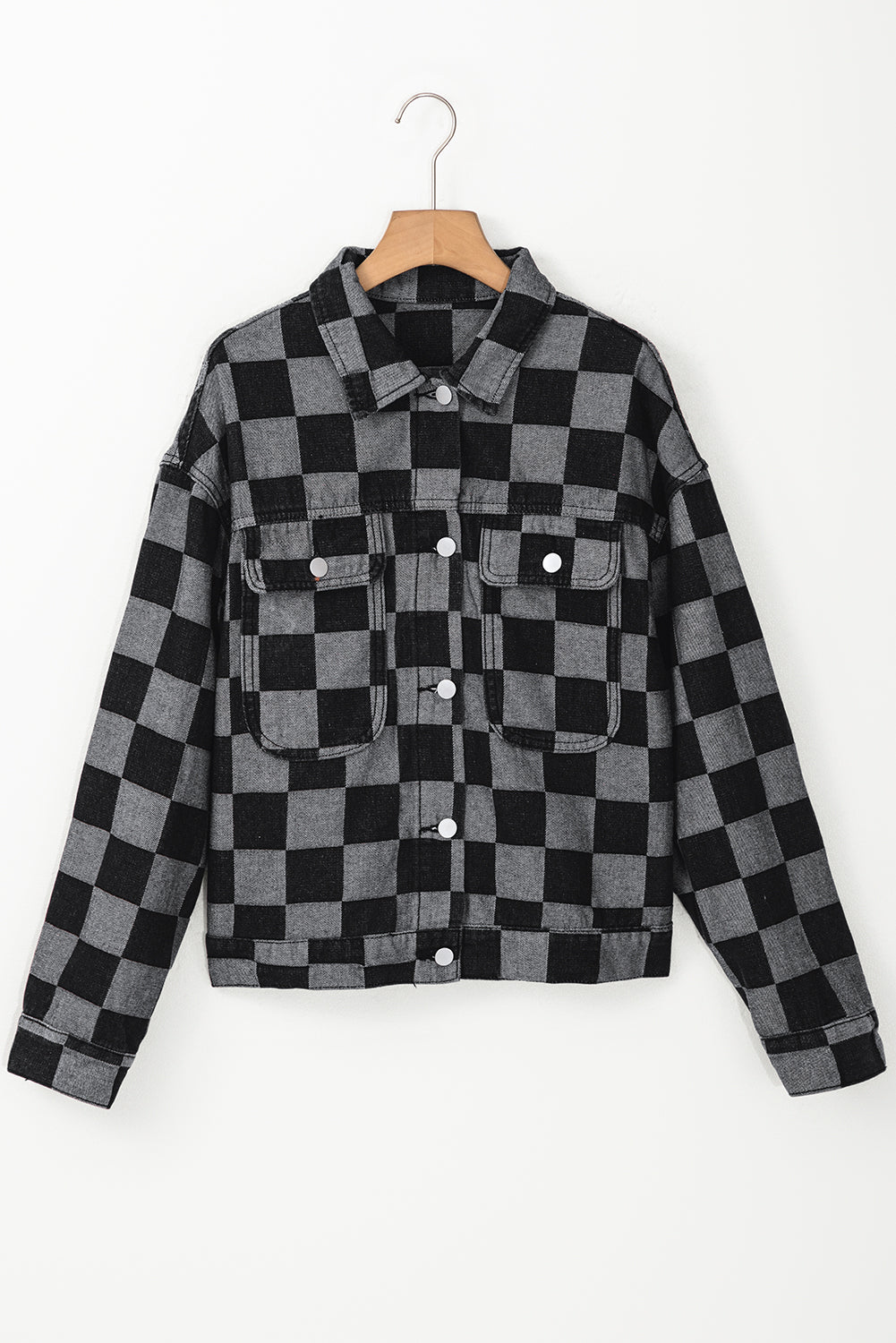 Checkered Patchwork Button Up Denim Jacket | Black