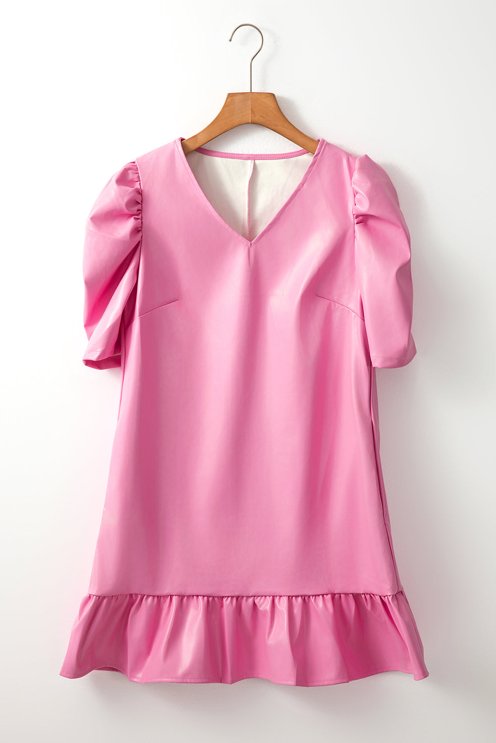 Pleather Bubble Short Sleeve V Neck Ruffled Hem Mini Dress | Sachet Pink