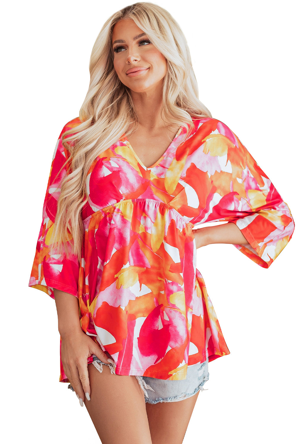 Abstract Print 3/4 Sleeve V Neck Ruffled Babydoll Blouse | Orange