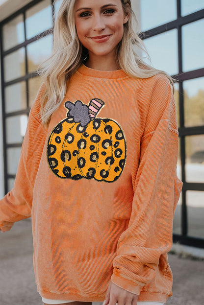 Halloween Leopard Pumpkin Patchwork Ribbed Sweatshirt | Orange