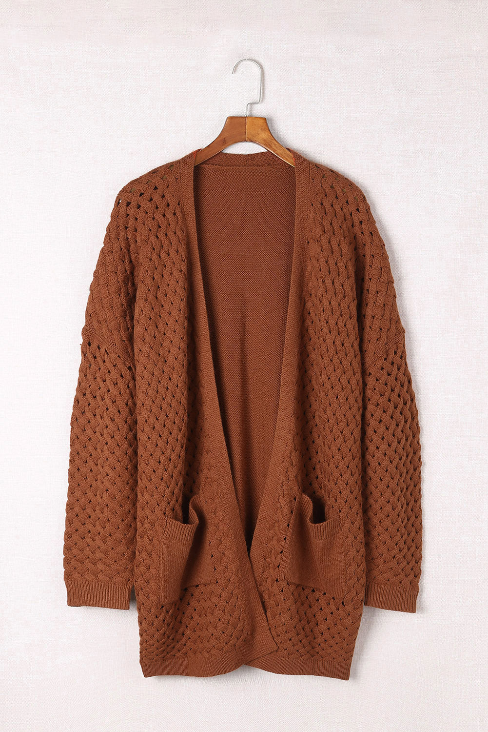 Open Front Woven Texture Knitted Cardigan With Pockets | Brown