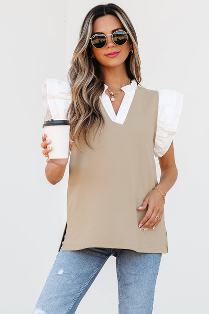 Contrast V Neck Ruffled Textured Knit Top | Pale Khaki