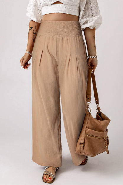 Smocked Wide Waistband High Waist Wide Leg Pants | Khaki