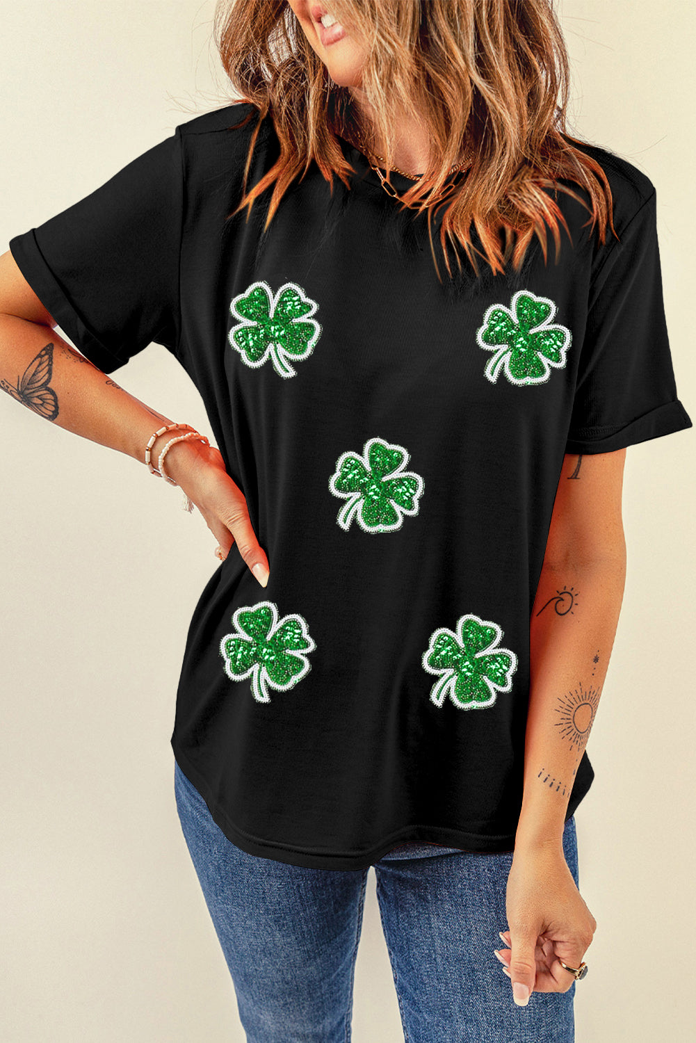 Four Leaf Clover Graphic St. Patricks Crewneck Tee | Black