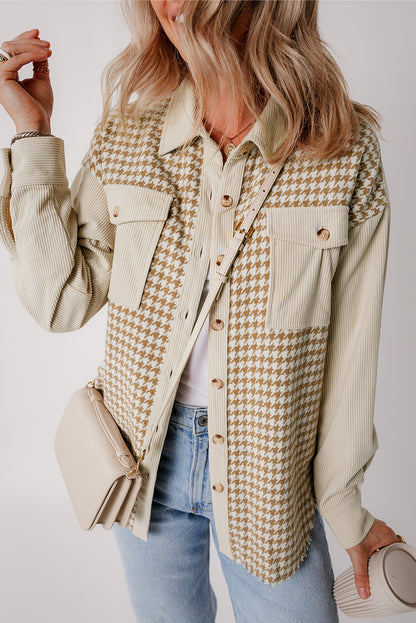 Houndstooth Corduroy Patchwork Flap Pocket Shacket | Parchment