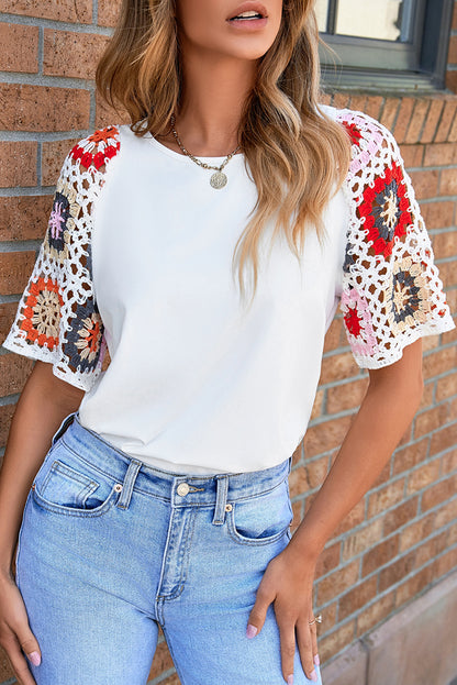 Floral Crochet Short Sleeve Top | White