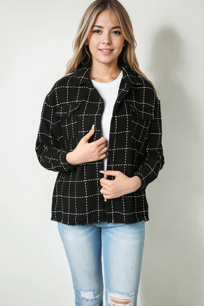 Contrast Lattice Textured Buttons Flap Pocket Shacket | Black