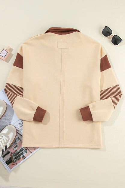 Striped Colourblock Patchwork Collar Sweatshirt | Light French Beige