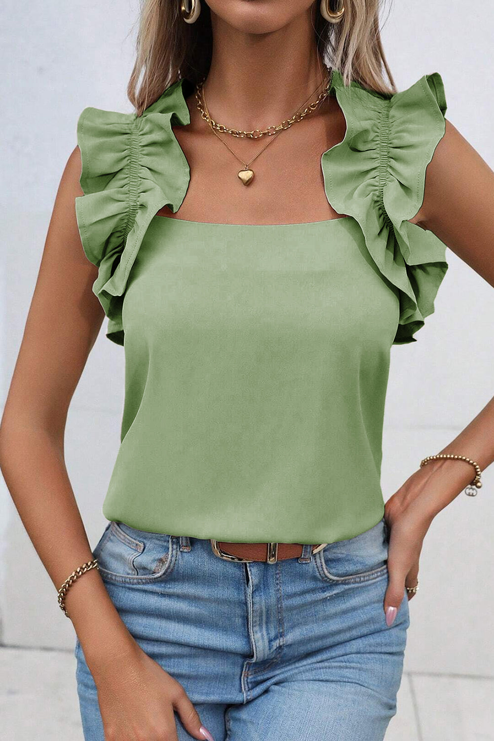 Solid Ruffle Trim Sleeveless Top | Smoke Green