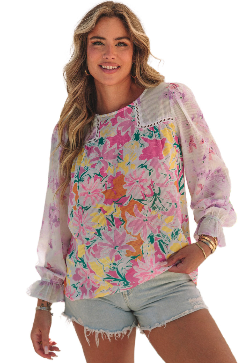 Floral Patchwork Lace Trim Blouse | Purple