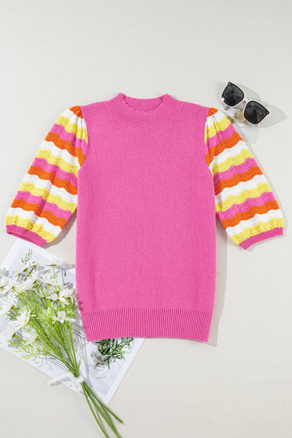 Ribbed Knit Contrast Sleeve Sweater Top | Pink