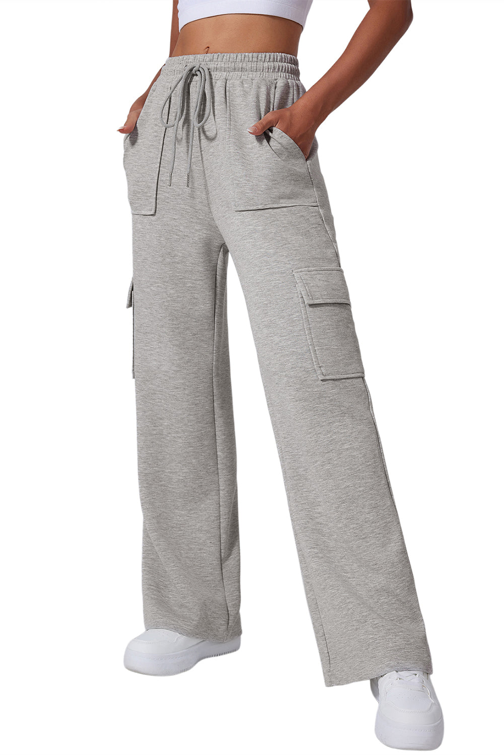 Multi Pockets Lace-Up High Waist Wide Leg Workout Pants | Light Grey