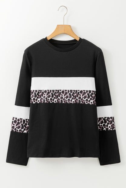 Leopard Colourblock Patchwork Crew Neck Long Sleeve Tee | White