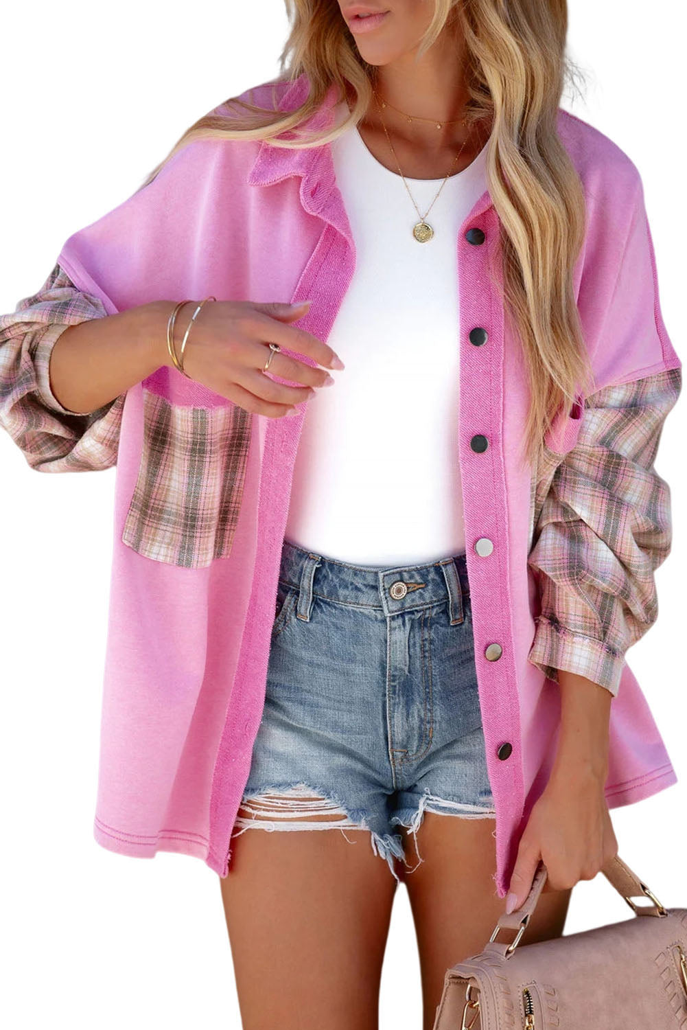 Plaid Patchwork Chest Pockets Oversized Shirt Jacket | Rose