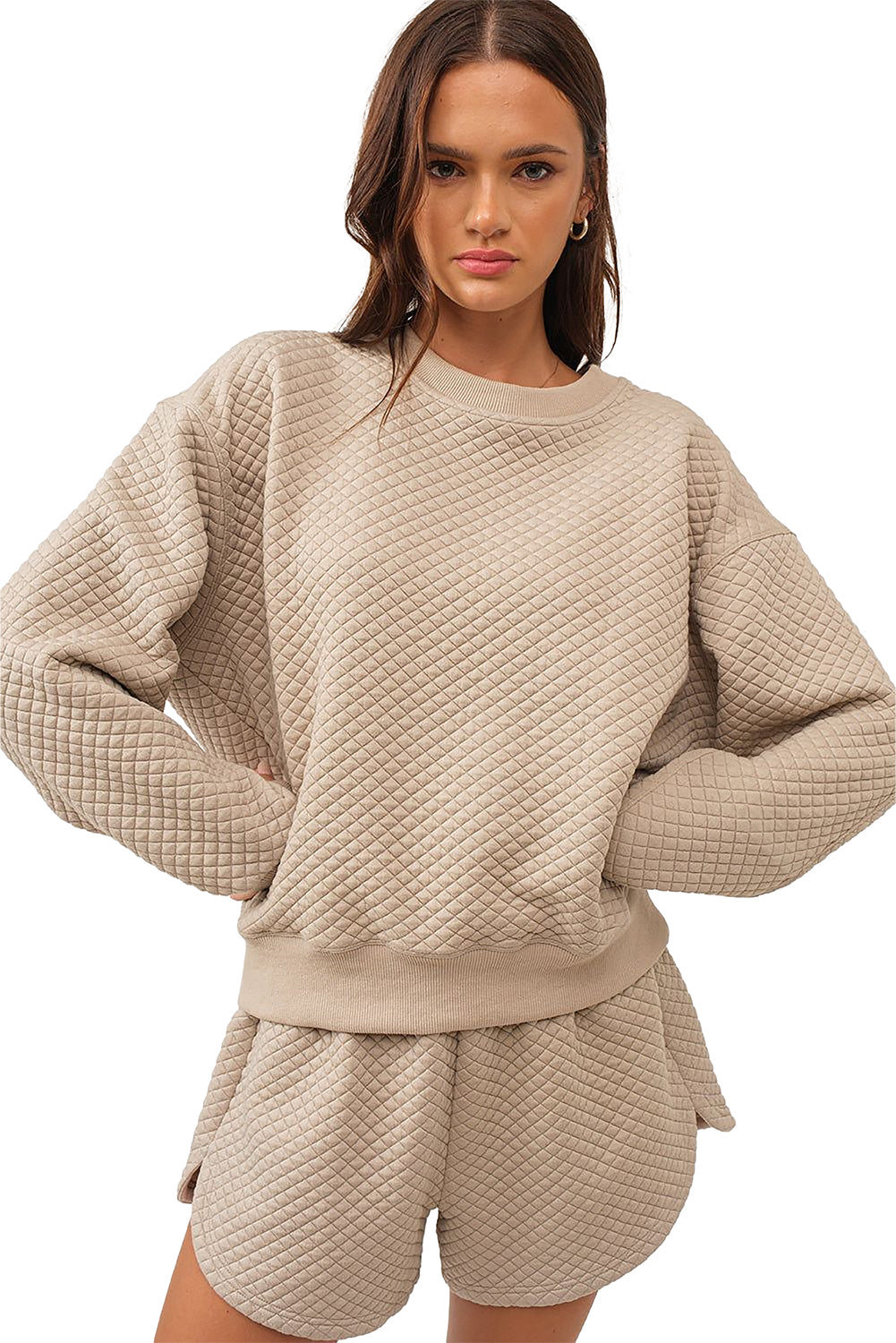 Solid Colour Quilted Long Sleeve Top And Shorts Set | Parchment