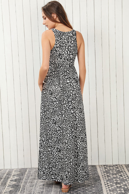 Leopard Print Pocketed Sleeveless Maxi Dress | Gray