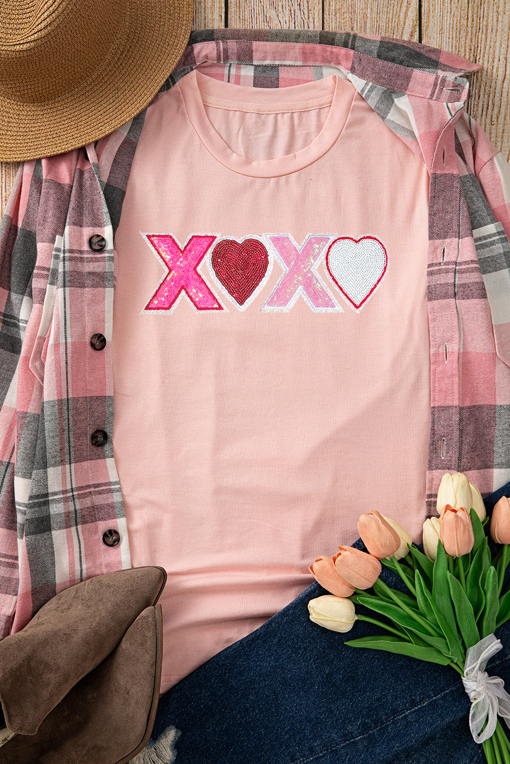 Sequin Heart Xoxo Patched Graphic Valentines T Shirt | Pink