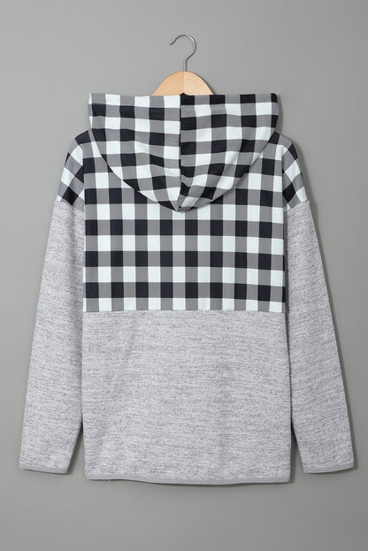 Plaid Splicing Pocketed Hoodie | Black