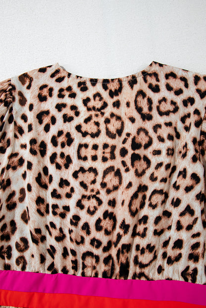 Cheetah Colour Block V Neck Balloon Sleeve Babydoll Blouse | Khaki