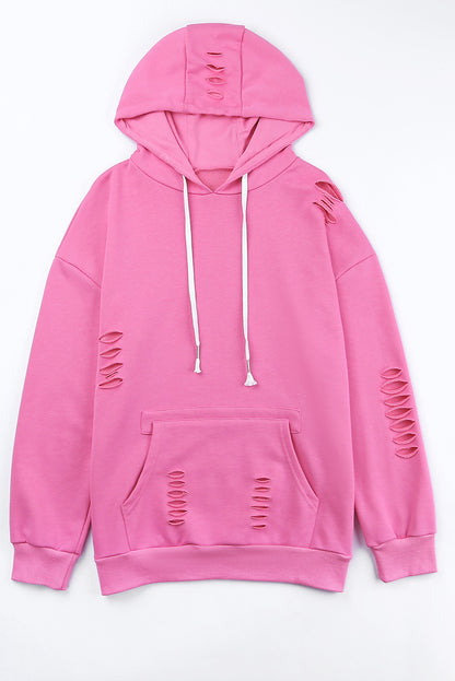 Solid Ripped Hooded Sweatshirt With Kangaroo Pocket | Pink