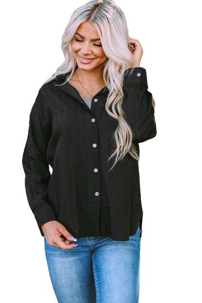 Textured Buttoned Pocket Long Sleeve Shirt | Black