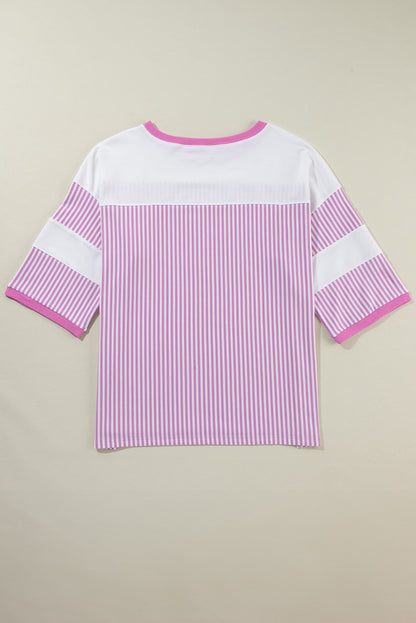 Patchwork Bracelet Sleeve Plus Size T Shirt | Pink Stripe