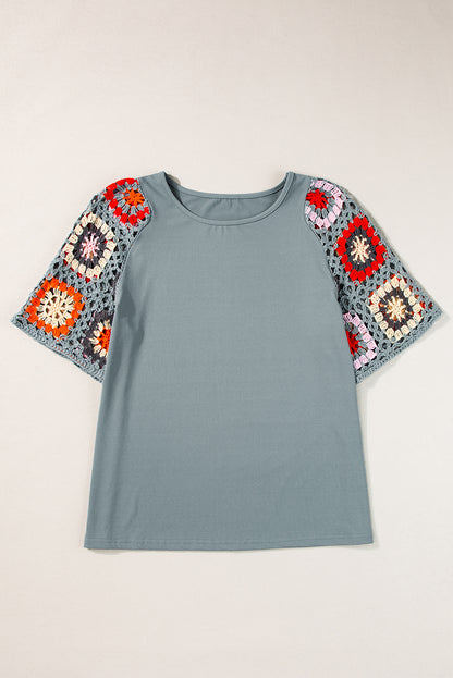 Floral Crochet Short Sleeve Top | Medium Grey