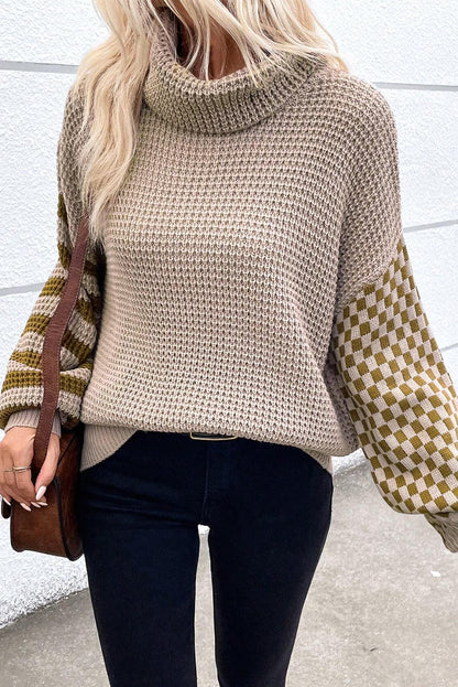 Striped Plaid Patchwork Waffle Knit Turtleneck Sweater | Smoke Gray