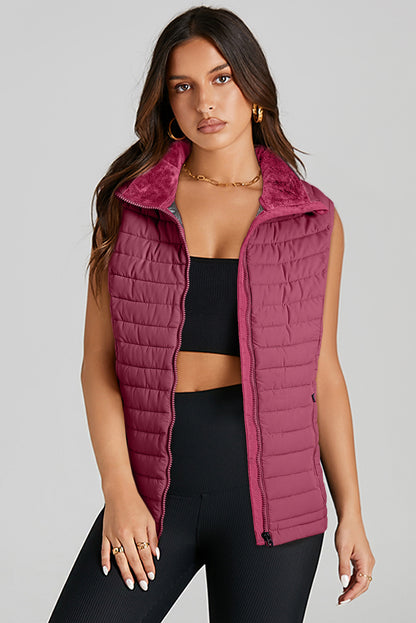 Plush Collared Quilted Zipped Puffer Vest | Burgundy