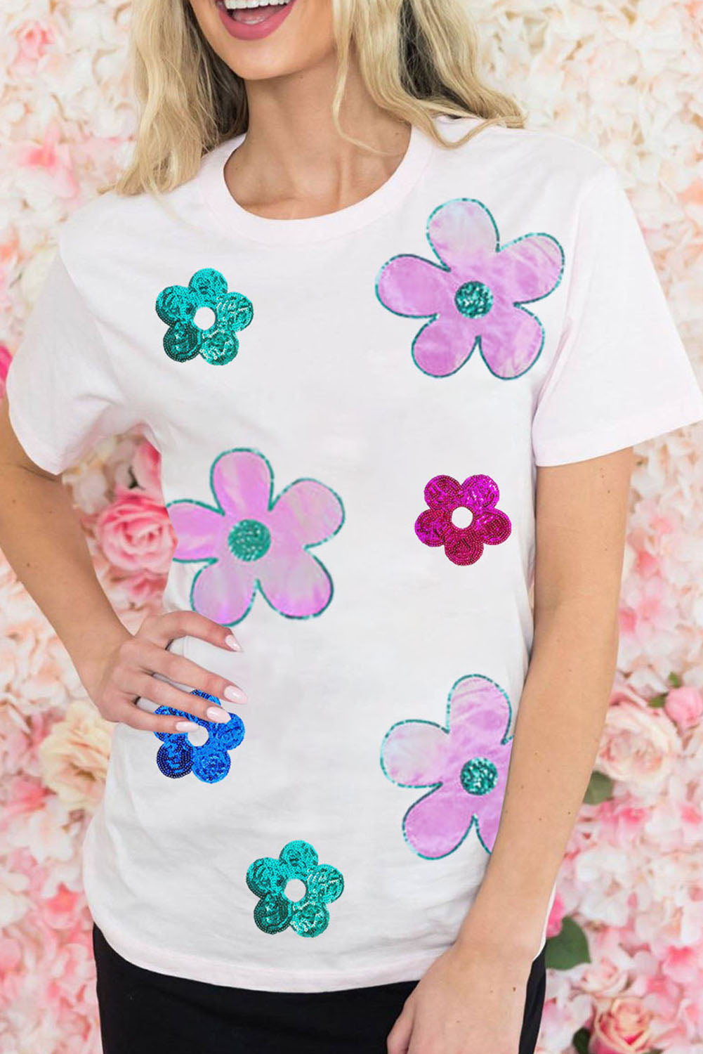 Sequined Flower Pattern Round Neck T Shirt | White