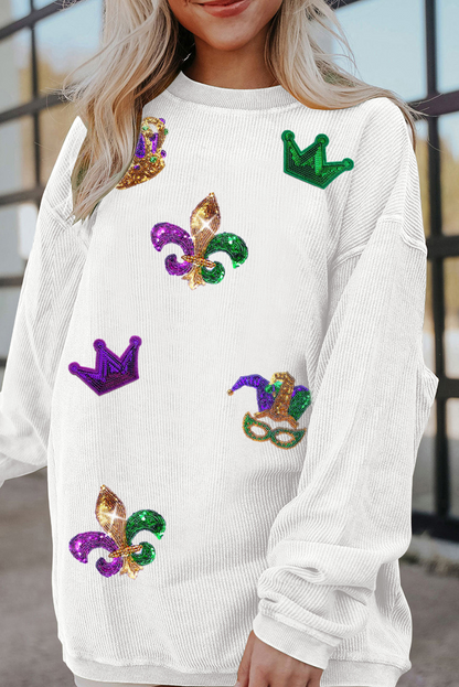 Sequin Mardi Gras Symbol Crown Mask Patched Corded Sweatshirt | White