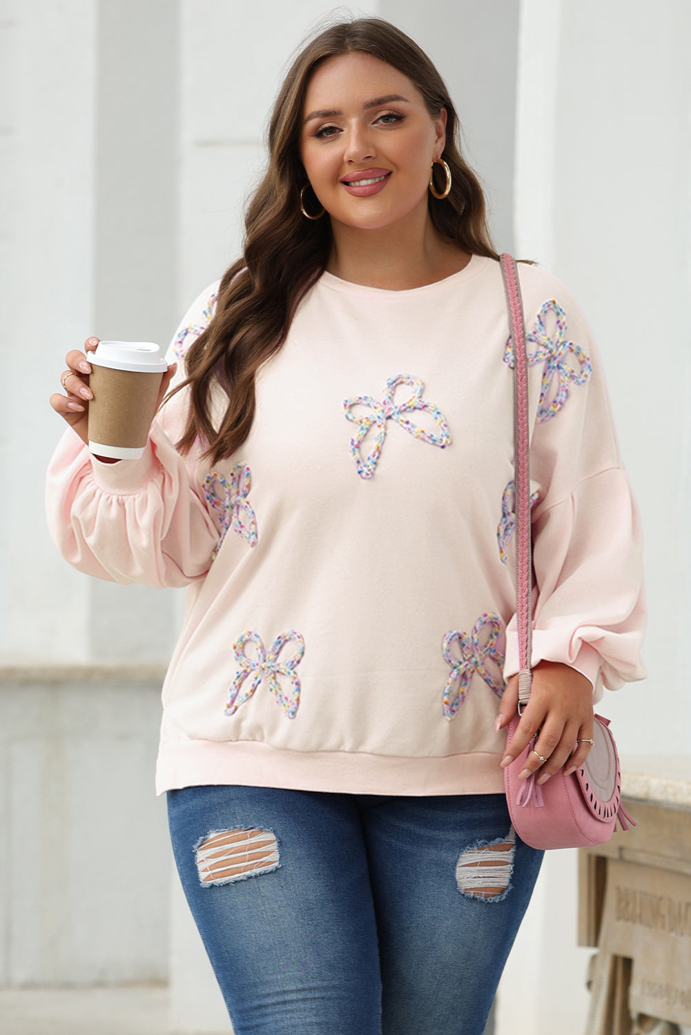 Embroidered Bow Lantern Sleeve Oversized Pullover Sweatshirt | Parchment