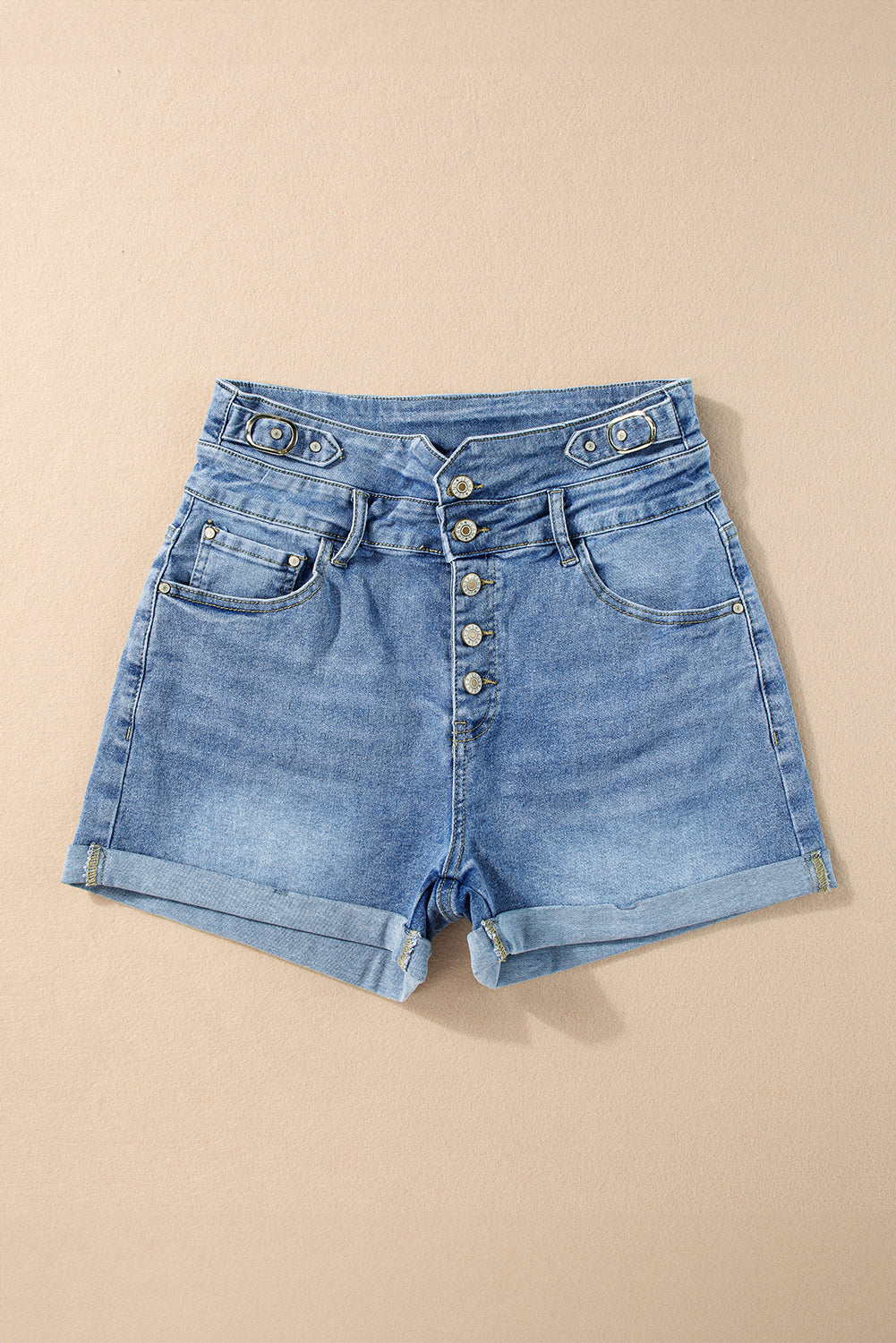 Button Fly High Waist Roll Edge Denim Shorts | Dusk Blue