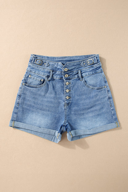 Button Fly High Waist Roll Edge Denim Shorts | Dusk Blue