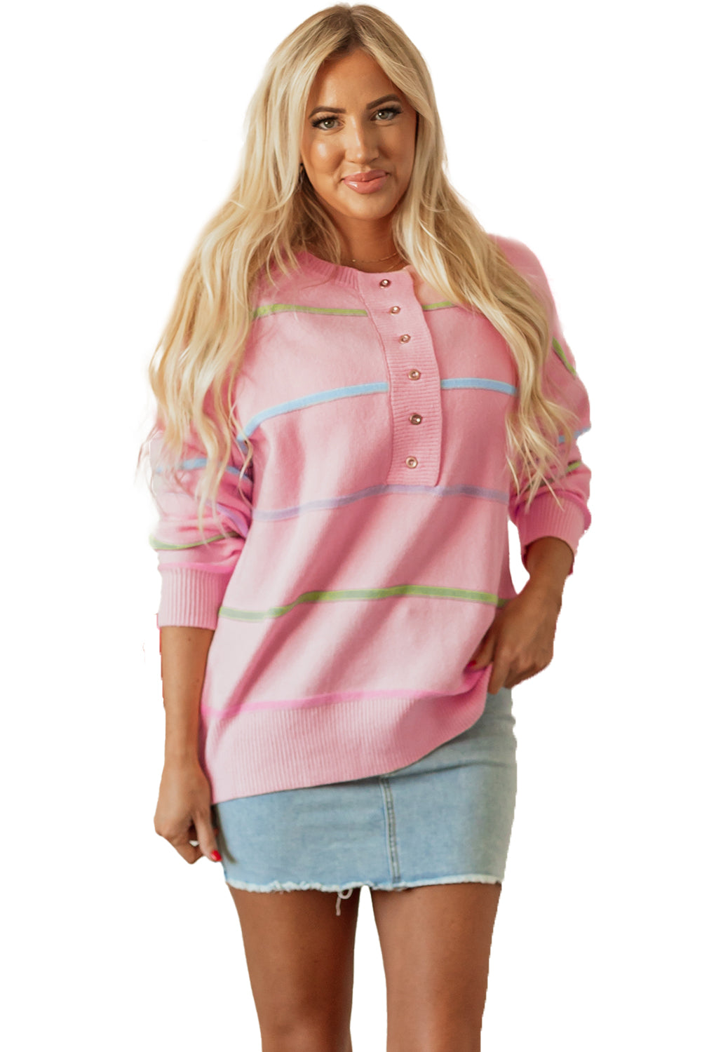 Rainbow Stripes Drop Shoulder Baggy Henley Sweater | Pink