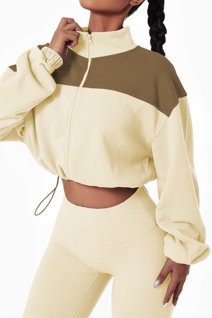 Colour Block Drawstring Cropped Athleisure Jacket | Beige