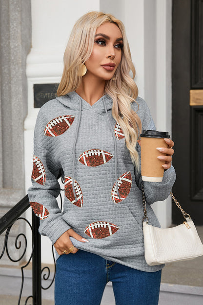 Sequin Rugby Football Waffle Knit Kangaroo Pocket Loose Hoodie | Gray