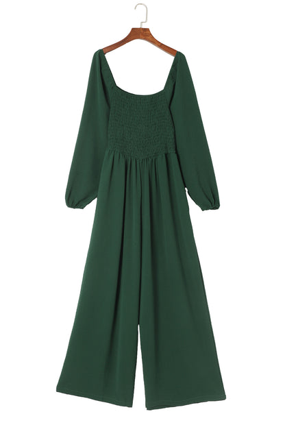 Smocked Square Neck Long Sleeve Wide Leg Jumpsuit | Green