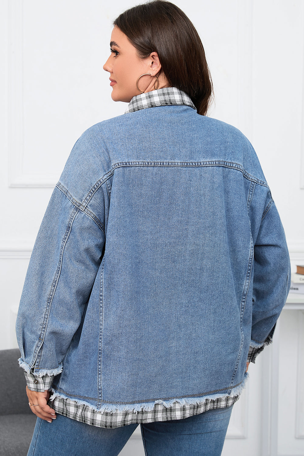 Plaid Hem Splicing Plus Size Denim Jacket | Sky Blue