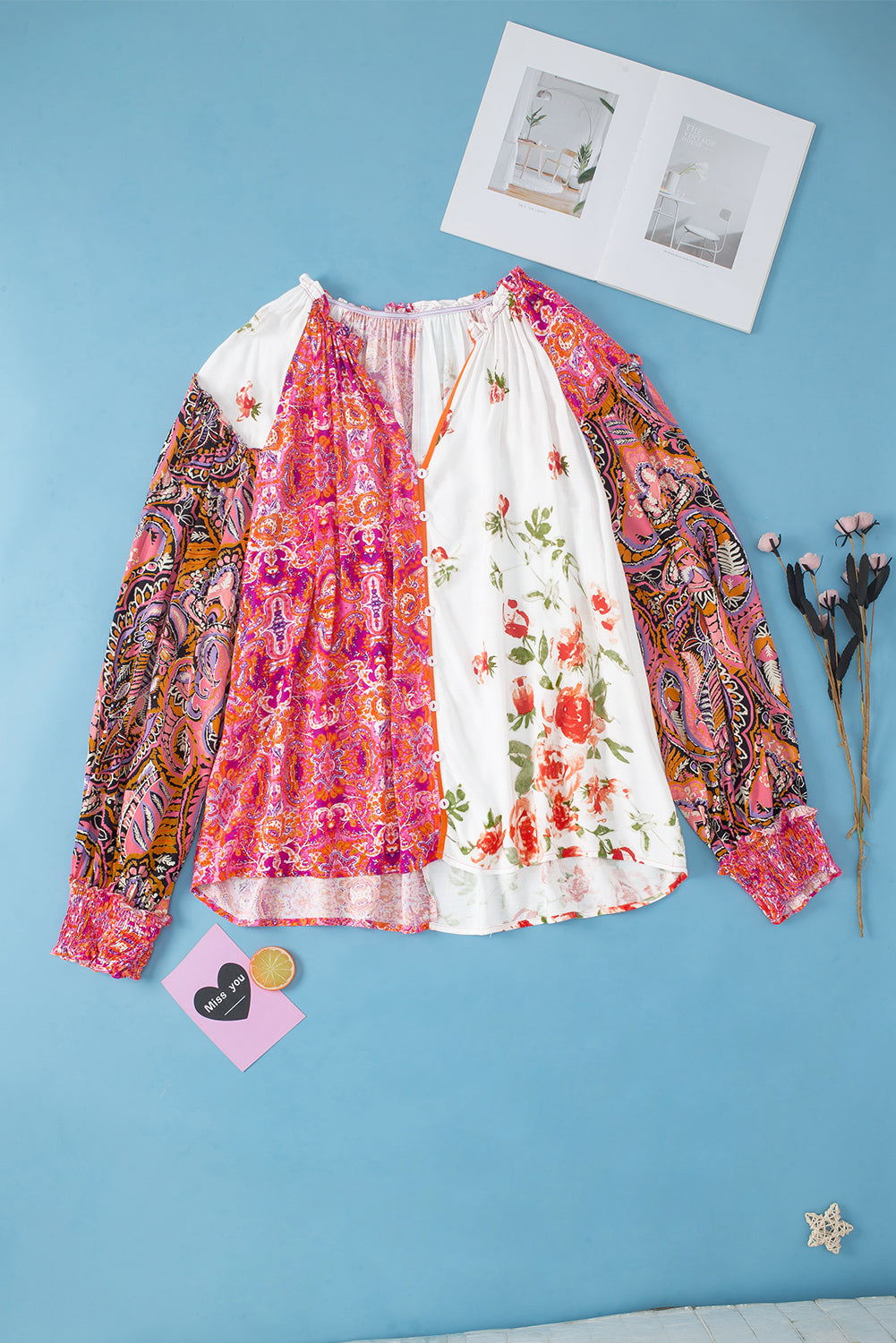 Multicolour Floral Patchwork Shirred Cuffs Buttoned Blouse | Pink