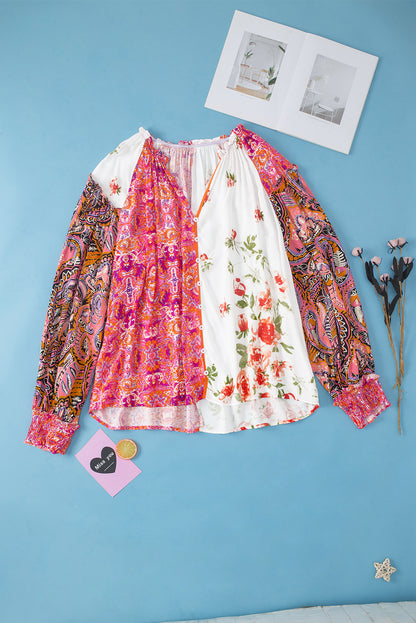 Multicolour Floral Patchwork Shirred Cuffs Buttoned Blouse | Pink