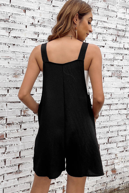 Adjustable Straps Pocketed Textured Romper | Black