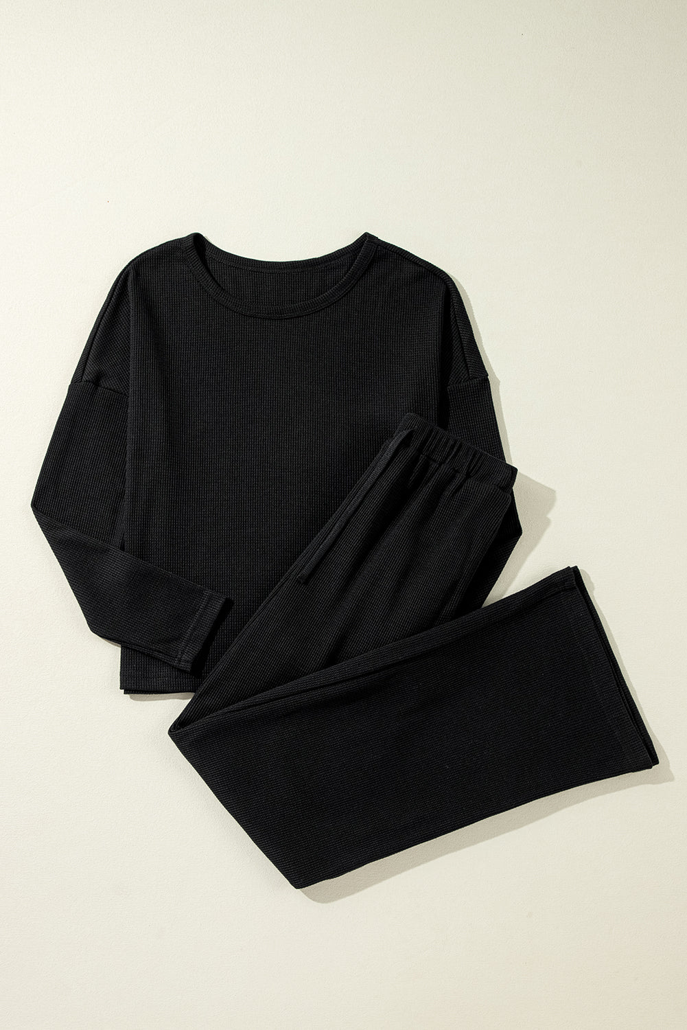 Textured Long Sleeve T Shirt And Pants Lounge Set | Black